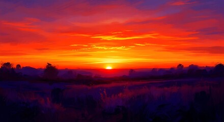 Obraz premium Vivid sunset painting with dramatic orange and purple sky.