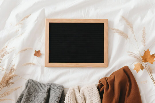 Autumn harvest board notebook brown maple leaves decoration frame photos greeting cards mockup photo E-commerce marketing poster Background shooting scene - Powered by Adobe