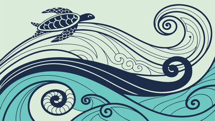 Fototapeta premium Stylized sea turtle swimming in the ocean waves, a peaceful and serene aquatic scene, perfect for nature and travel themed designs