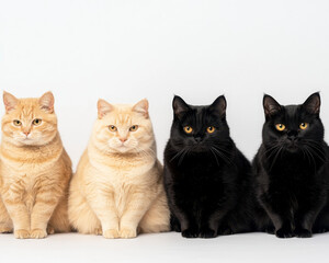 Diverse group of house cats, including two orange and two black cats, sit side by side against white background. Their expressions are calm and curious, showcasing their unique features and colors
