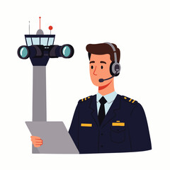 A dedicated aviation professional wearing a uniform and headset works diligently near an airport control tower, overseeing flight operations.