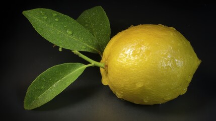 Vibrant yellow lemon with water droplets against dark background, suitable for food photography, health education, or advertising visuals.
