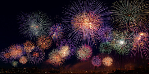 Fototapeta premium 満天の夜空に大輪の花を咲かせる日本の打ち上げ花火を描いた幻想的な風景イラスト。夏祭り、花火大会、夜景、光の演出、夜空背景、観光、イベント告知や季節感のあるデザイン素材に最適。