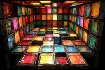 Colorful abstract installation fills a modern room with vibrant patterns and reflections during daylight hours