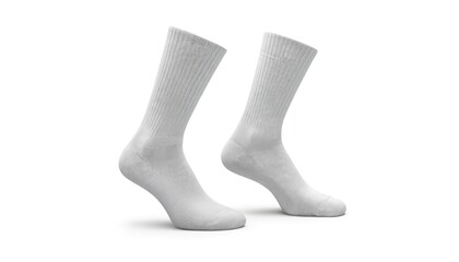 Pair blank white crew socks mockup isolated white background. Apparel, garment for foot protection, comfort. Simple, minimalist style for product presentation, design template, fashion. Casual daily