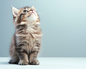 Fototapeta premium Fluffy kitten looking up with big eyes, showcasing soft light and serene expression. This adorable feline captures attention with its playful demeanor and soft fur
