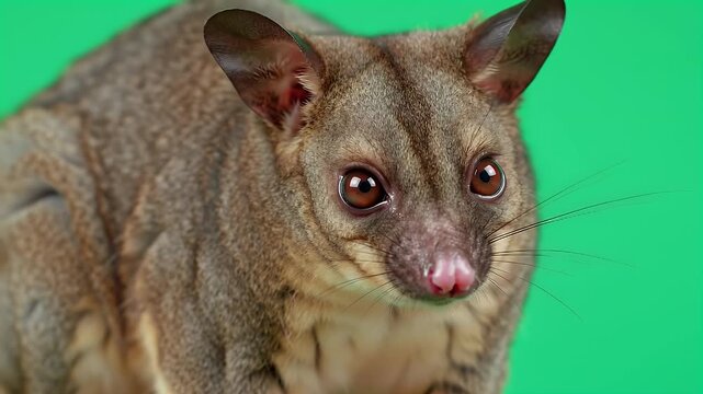 Close-up Portrait of a Curious Brushtail Possum with Large Expressive Eyes and Soft Fur Against a Vibrant Green Background, Capturing its Alert and...