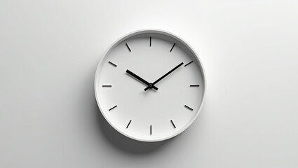 A white wall clock with black hands.