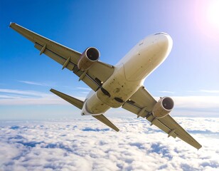 Airplane soaring through fluffy clouds
