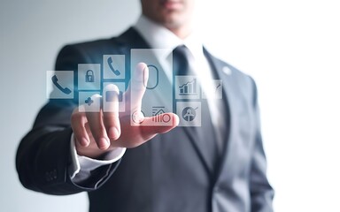 Obraz premium Businessman-interacting-with-digital-touchscreen-technology-modern-office-environment 