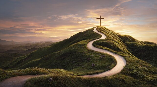 Cross on a Hilltop: A winding path leads to a symbolic cross at the peak, set against a serene sunrise. Representation of faith and spiritual journey.
