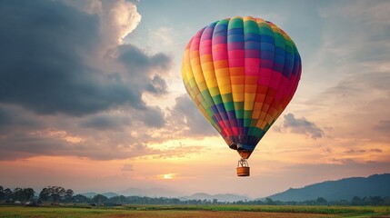 Fototapeta premium Colorful hot air balloon at sunrise, gliding above a golden field and distant mountains. A serene and vibrant journey awaits!