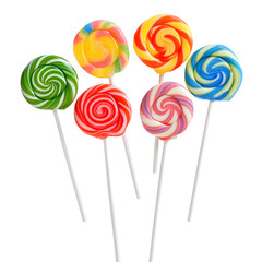 Vibrant Seven Colorful Spiral Lollipops on White Background