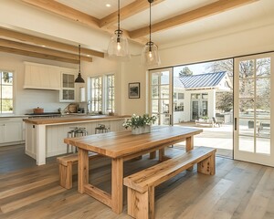 Cozy farmhouse dining table with wooden benches set in a country style kitchen