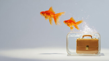 Two goldfish leap out of a briefcase-shaped tank, symbolizing freedom and change