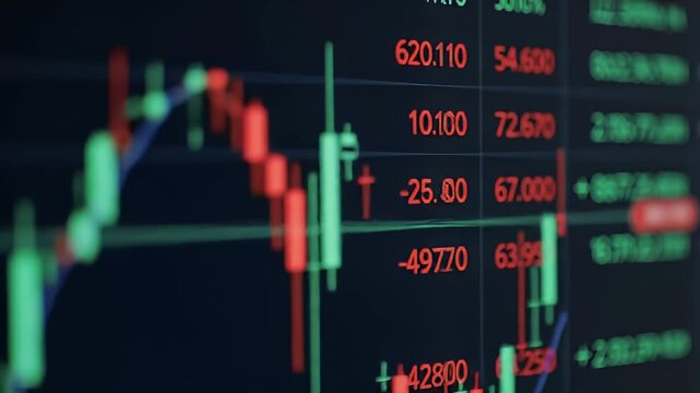 Detailed Close Up of a Dynamic Stock Market Chart Displaying Candlestick Patterns Green and Red Indicators on a Dark Blue Screen Financial Investment