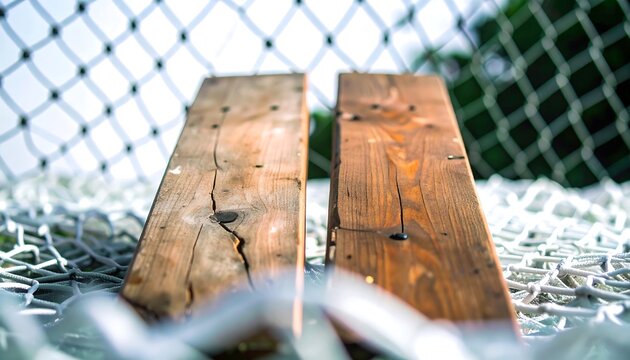 Two weathered wooden planks resting on a net, behind a chain link fence