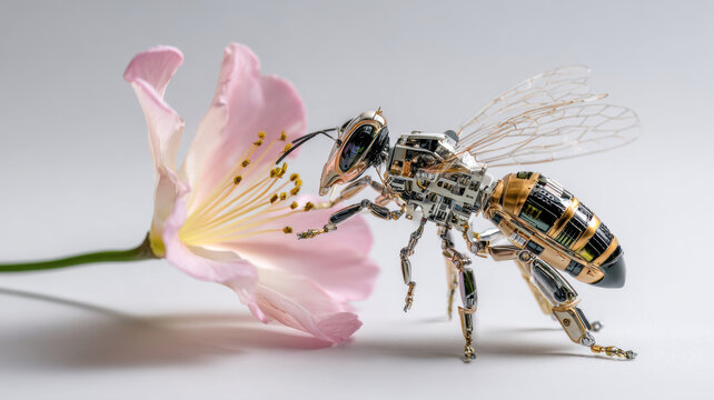 Robotic bee pollinating digital flower, symbolizing artificial ecology