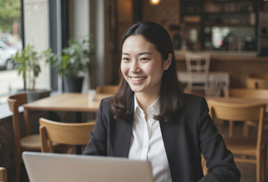 Happy asian woman enjoys using laptop in cafe. She is having virtual online meeting, job interview or education course. Smiling girl works, sits, talks, listens in cyberspace. She wears formal wear.