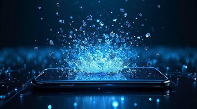 Digital Device Exploding into Binary Code and Data Fragments, AI Generative