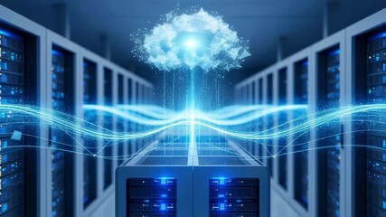 Digital cloud computing concept visualized with rows of servers and holographic data streams. - Powered by Adobe