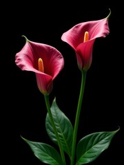 Two vibrant pink calla lilies with green leaves stand against a black backdrop. funeral