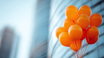 A vibrant bunch of inflated orange balloons create a festive feeling, set against a blurred backdrop of a modern architectural structure in the background.