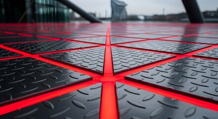Geometric metal floor with glowing red lines