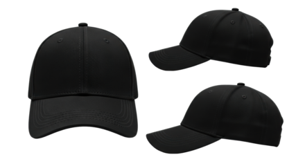 Three plain black baseball caps, identical with meticulous stitching on brim and crown, showcased from front, side, and 3/4 views on a sterile white studio background with bright, even lighting, for