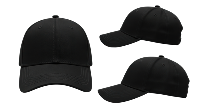 Three plain black baseball caps, identical with meticulous stitching on brim and crown, showcased from front, side, and 3/4 views on a sterile white studio background with bright, even lighting, for