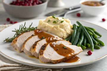 Sliced Roasted Turkey Breast with Mashed Potatoes and Green Beans on White Plate meat