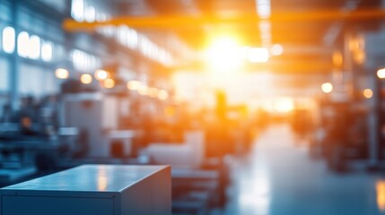 Obraz premium Industrial Workshop Interior, Factory Setting With Equipment and Warm Lighting, Blurred Background for Design.