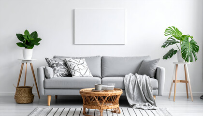 Modern Minimalist Living Room Interior with Gray Sofa and Rattan Table