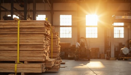 Stacks of wooden planks stored in spacious warehouse, illuminated by warm sunlight filtering through large windows. Scene emphasizes construction materials, craftsmanship, logistics in modern