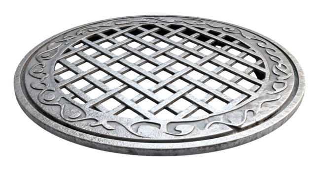 A metal storm drain cover (round or square) with grate patterns, isolated on a Transparent background - Powered by Adobe