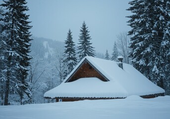 Snow-covered cabin nestled amongst tall evergreens during a winter snowfall.