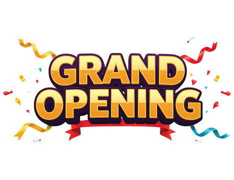 Festive Grand Opening typography on a banner with confetti and ribbons. A celebratory announcement for a new business launch or event.