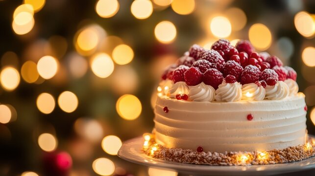 Festive Raspberry Cake Delight with Holiday Lights Background Sparkles.