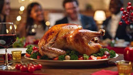 close up of roasted whole turkey on holiday table, guests