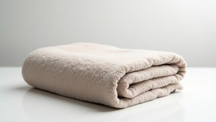 Folded light beige fleece blanket on a white surface.