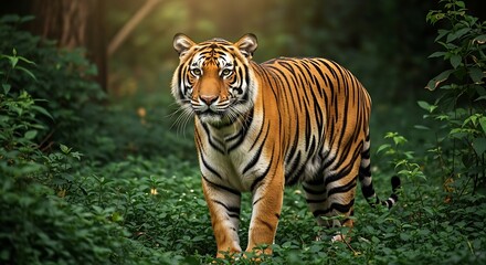 Majestic Tiger Standing in Lush Green Forest