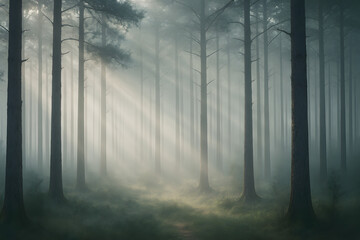 Fototapeta premium Mystical Forest: An ethereal forest scene where sunlight pierces through a misty atmosphere, illuminating the towering trees and the woodland floor.