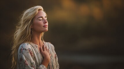 Blonde woman with eyes closed in contemplation and hand on chest. Serene and peaceful outdoor portrait. Focus on wellbeing and mindfulness.