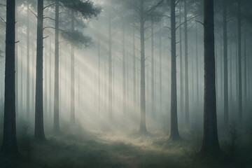 Obraz premium Mystical Forest Scene: A misty forest scene depicts tall, slender trees with sun rays breaking through the fog, creating an ethereal and tranquil atmosphere.