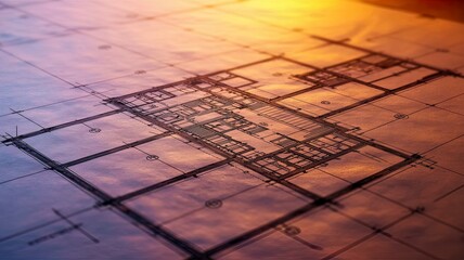 Illustration of closeup of an architectural blueprint with a detailed floor plan and construction design
