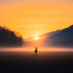 Obraz premium Majestic deer stands in open field during misty early morning, silhouetted against vibrant sunrise. tranquil atmosphere evokes sense of peace and wonder
