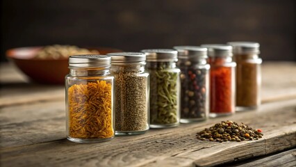 Spices in small glass jars on wooden planks. Ideal for food blogs, recipe websites, social media posts, and culinaryrelated designs.