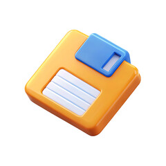 Rendered orange floppy disk with blue sliding lock showcases vintage computer technology on a transparent background