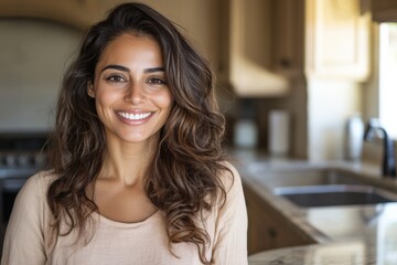 Beautiful smiling woman posing in kitchen showing perfect white teeth