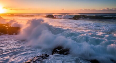 Fototapeta premium Powerful Ocean Waves Crashing on Rocky Coast at Sunset